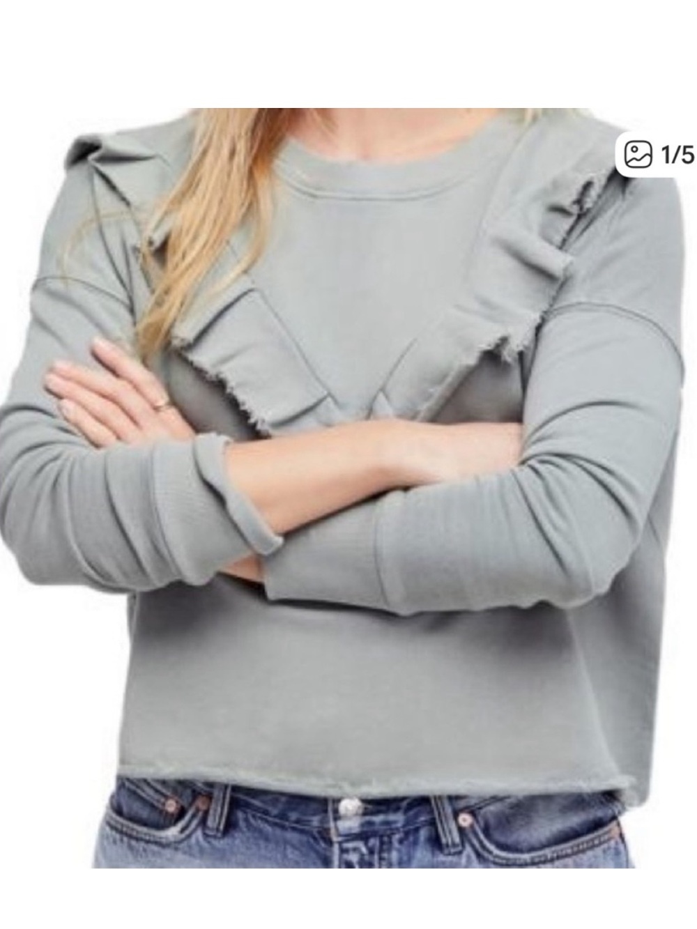 Free People Ruffled Crewneck Sweatshirt in Sage